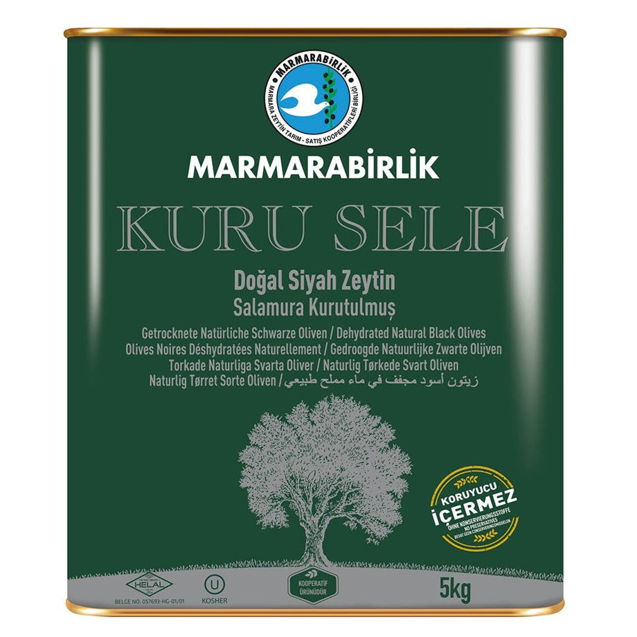 Marmarabirlik Kuru Sele Natural Brined Dehydrated Black Olives (3XS Size) 5kg Tin