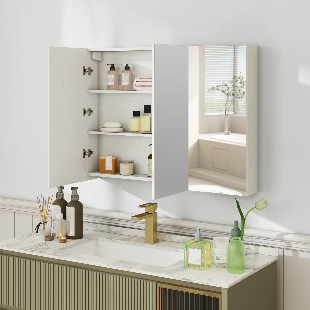 Medicine Cabinet with Mirror Frameless Bathroom Wall Mounted Mirror Cabinet-White