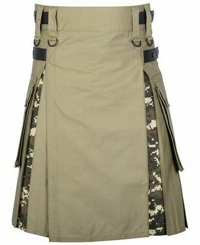 Men's Khaki Cotton Utility Hybrid Kilt - Digital Camo Under Pleats