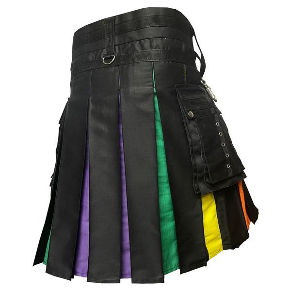 Boys adults rainbow hybrid kilt nylon straps black cotton scottish utility kilt