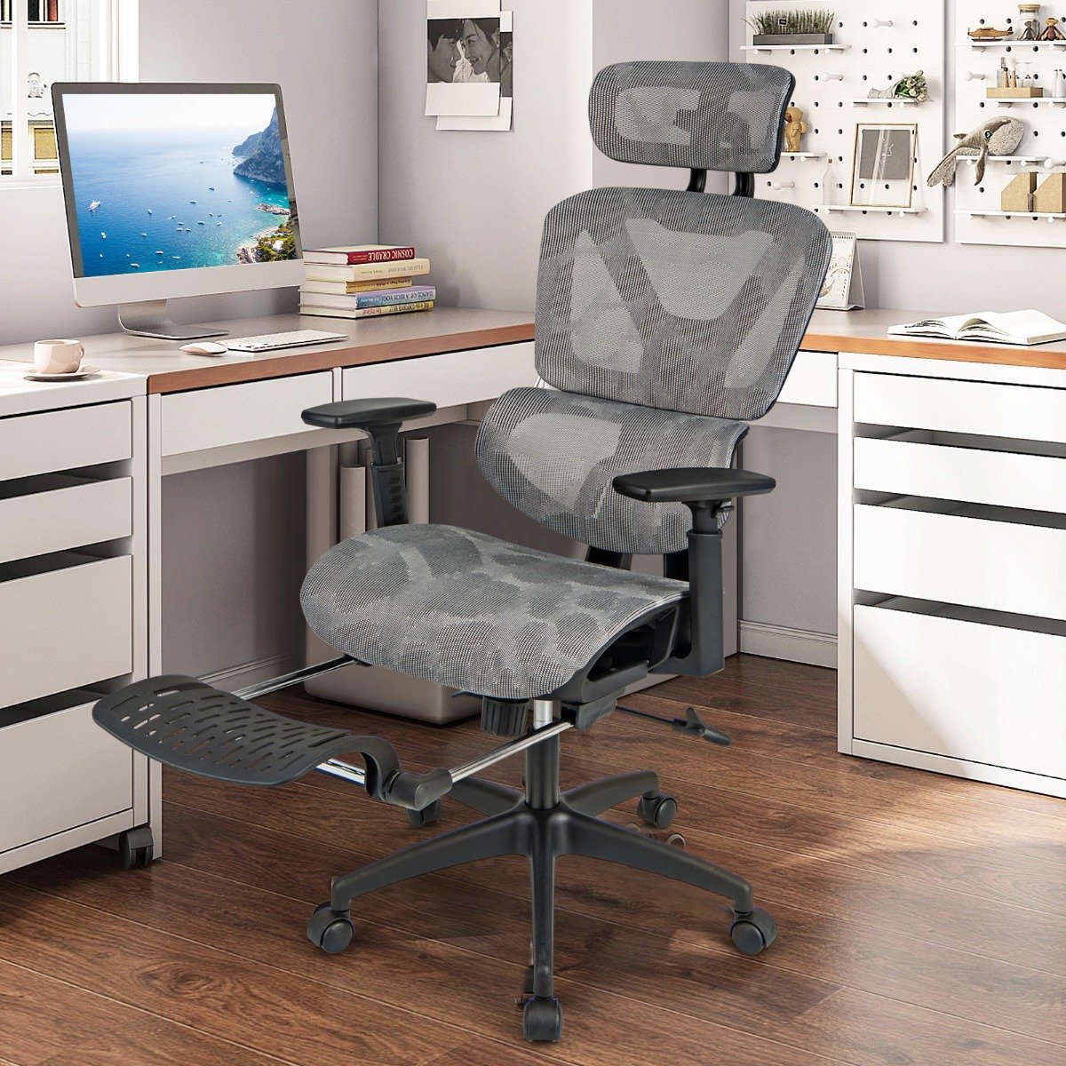 Mesh Office Chair with Retractable Footrest and Waterfall Seat-Grey