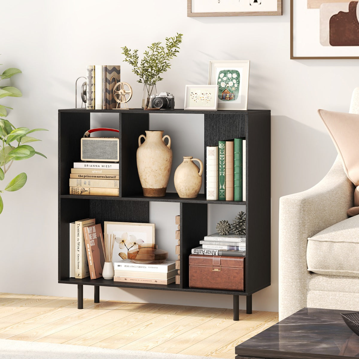 Mid Century Modern Minimalist Cube Bookshelf with 4 Compartments-Black