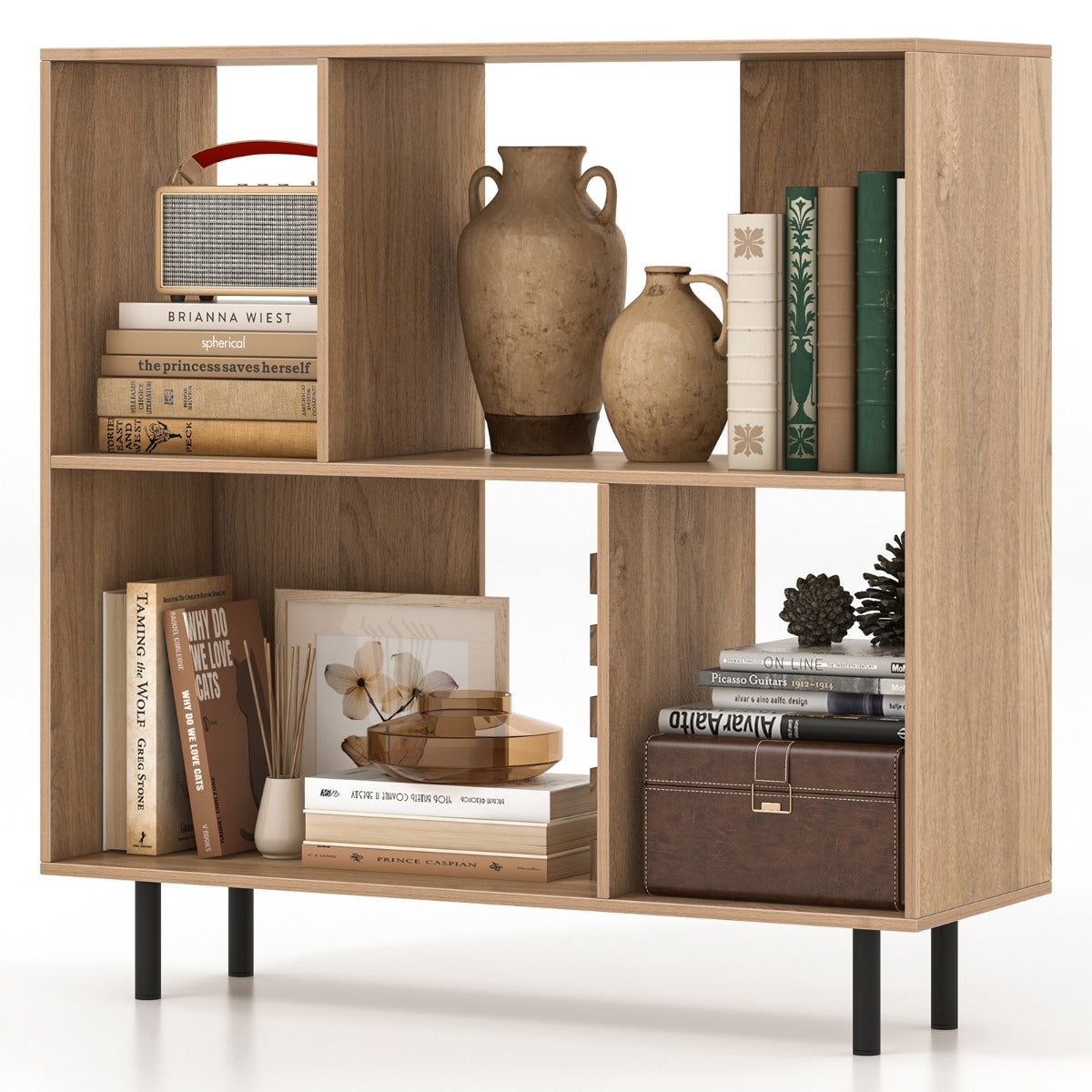 Mid Century Modern Minimalist Cube Bookshelf with 4 Compartments-Black