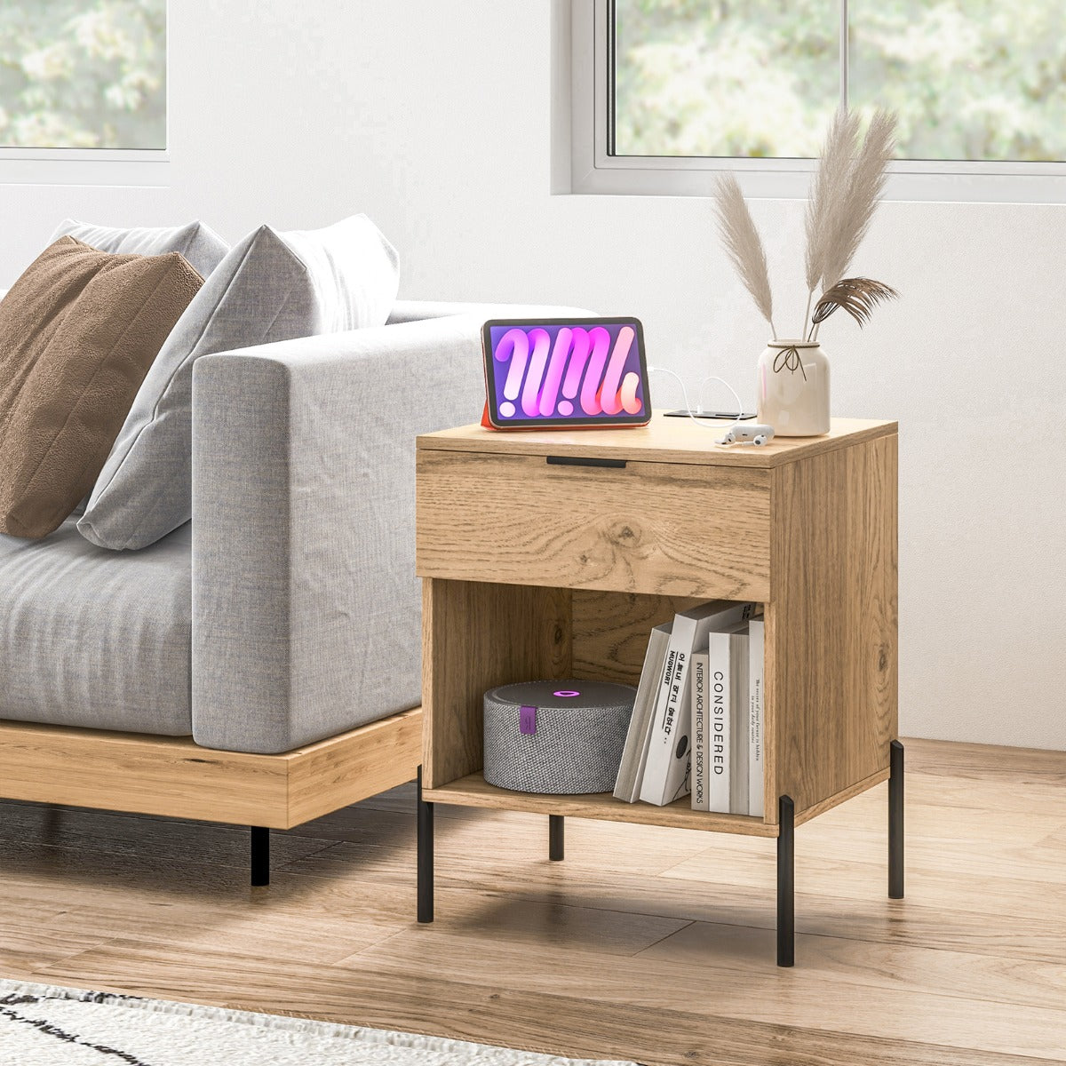 Mid Century Modern Nightstand with Charging Station and Open Compartment-Natural