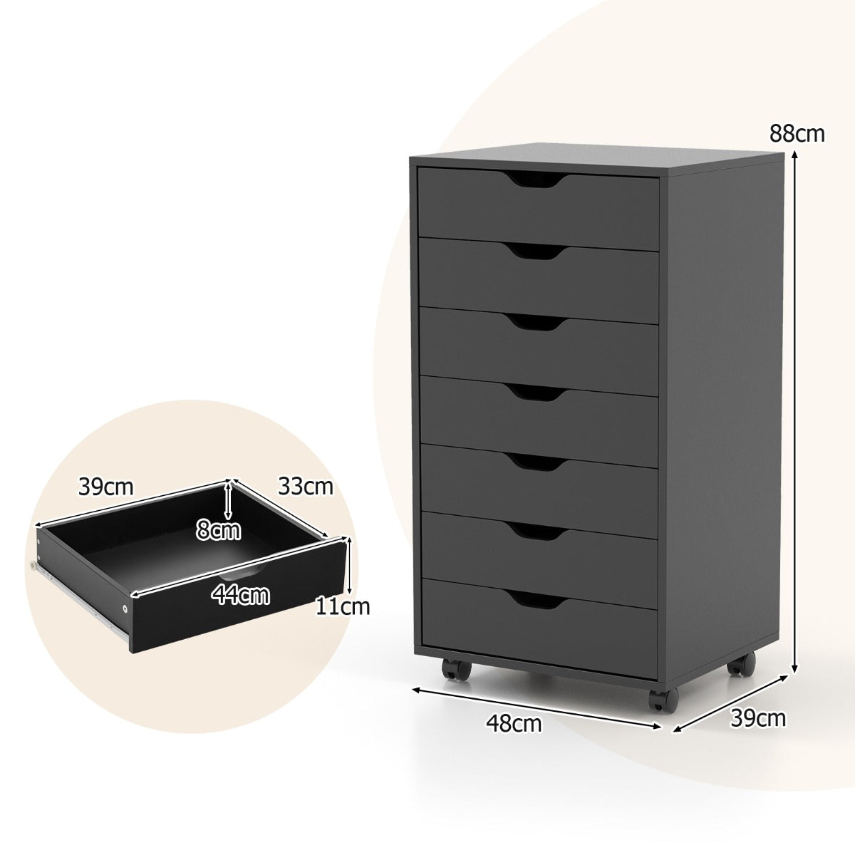 Mobile File Cabinet on Wheels with 7 Drawers-Black