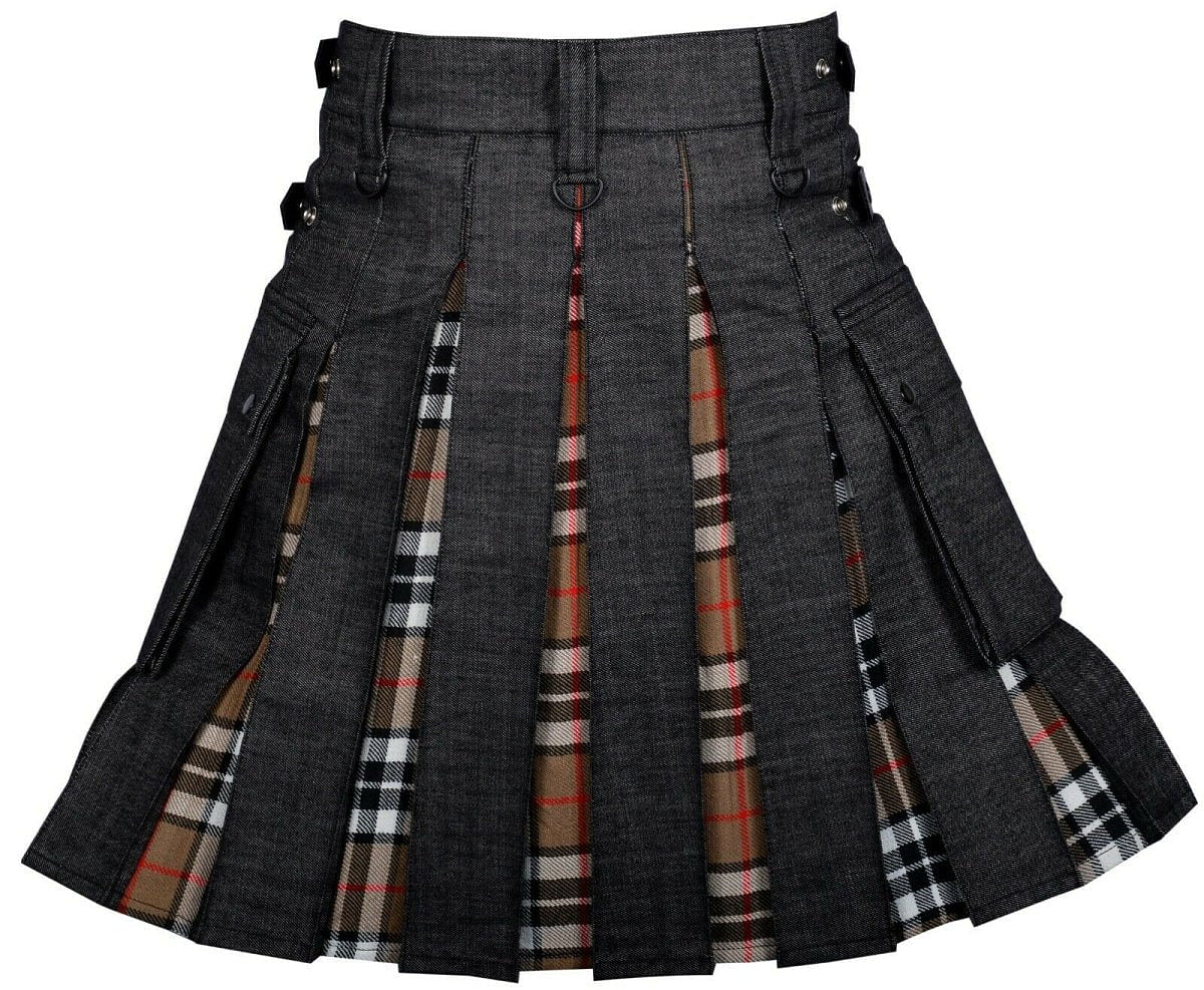 Modern Hybrid Black Denim & Campbell of Thomson Tartan Kilt Handmade Hybrid Utility Kilt