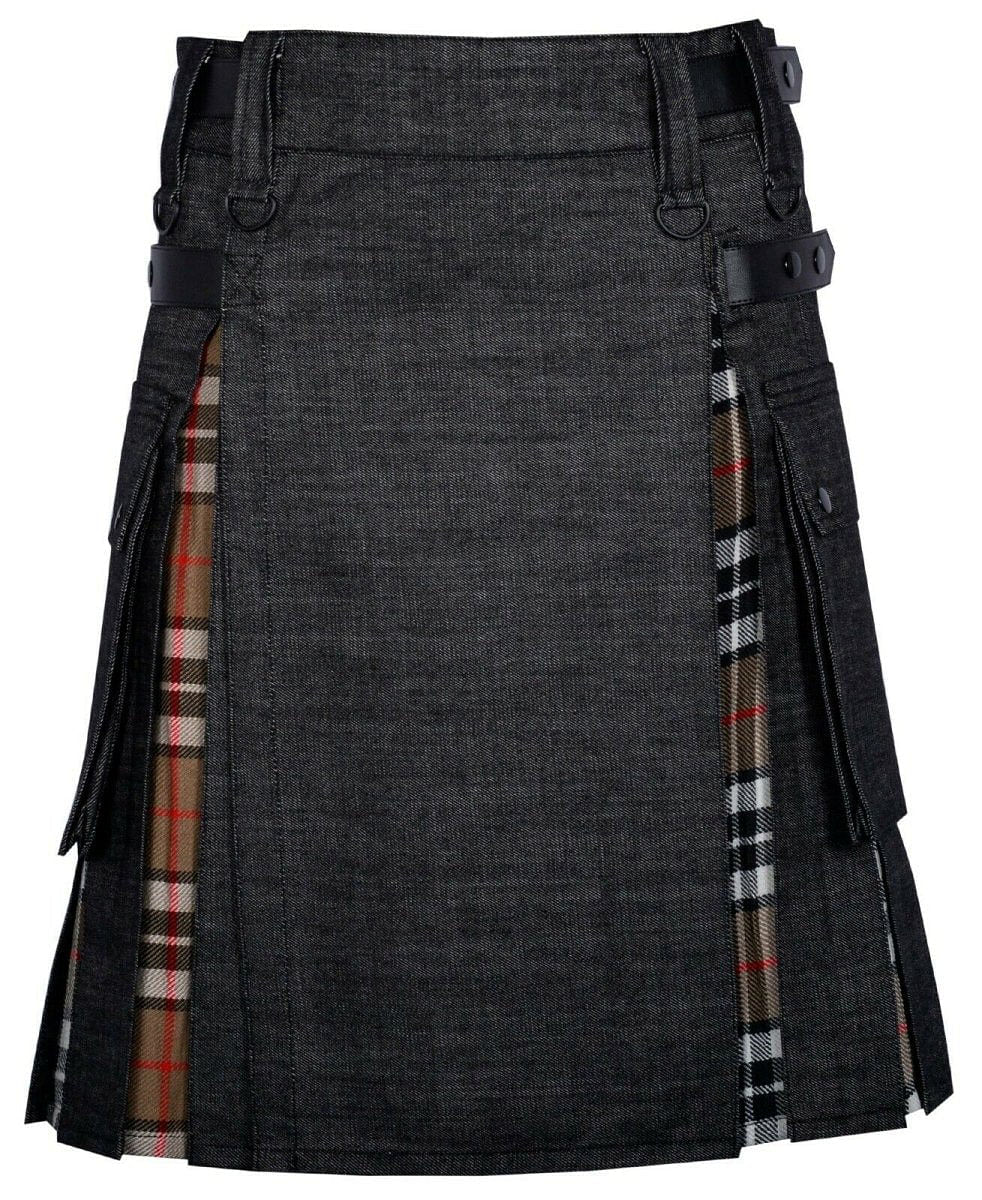 Modern Hybrid Black Denim & Campbell of Thomson Tartan Kilt Handmade Hybrid Utility Kilt