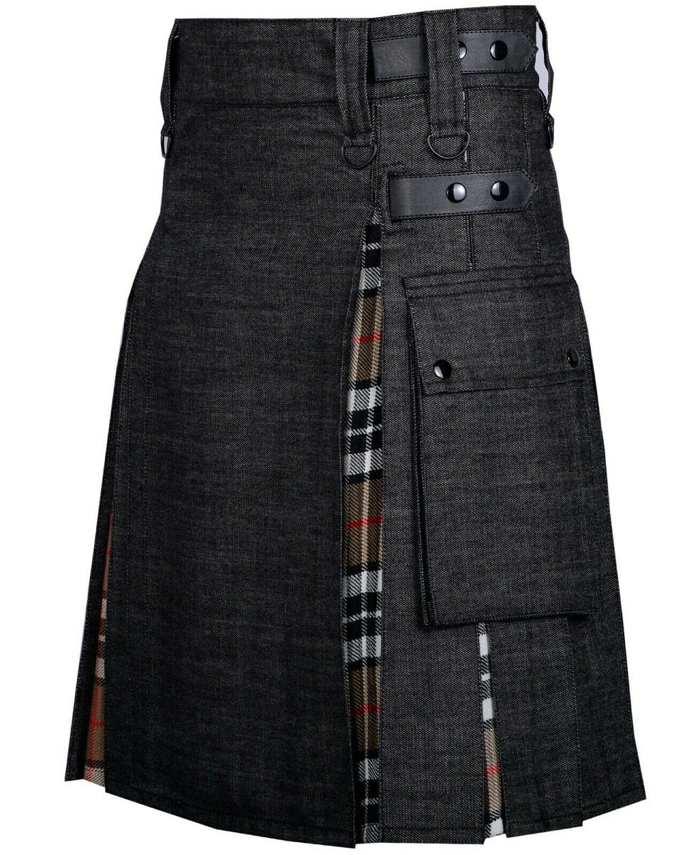 Modern Hybrid Black Denim & Campbell of Thomson Tartan Kilt Handmade Hybrid Utility Kilt