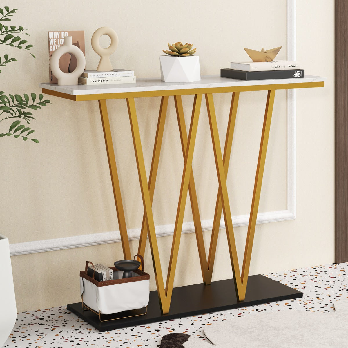 Modern Accent Extra Long Console Entry Table with Faux Marble Top-White
