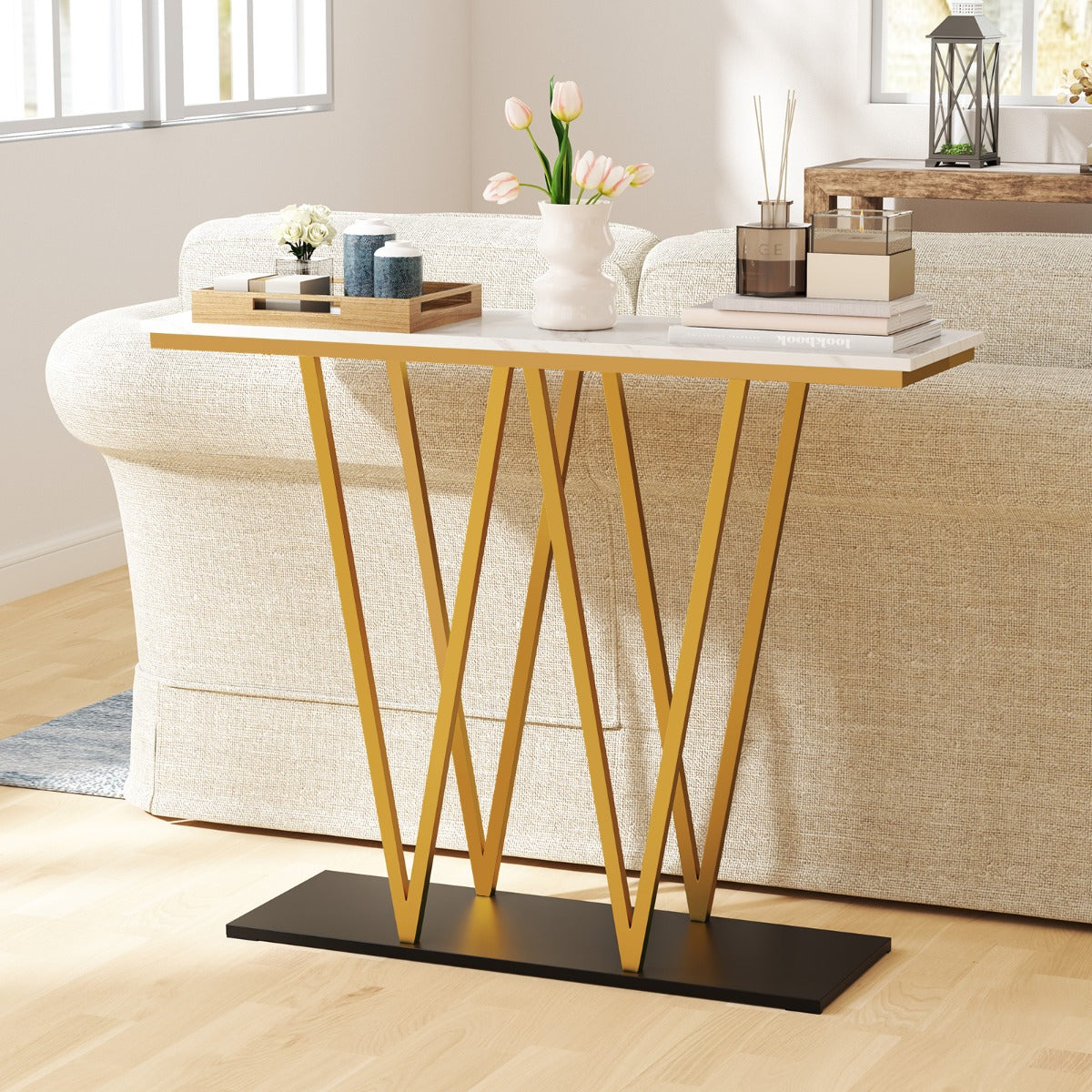 Modern Accent Extra Long Console Entry Table with Faux Marble Top-White