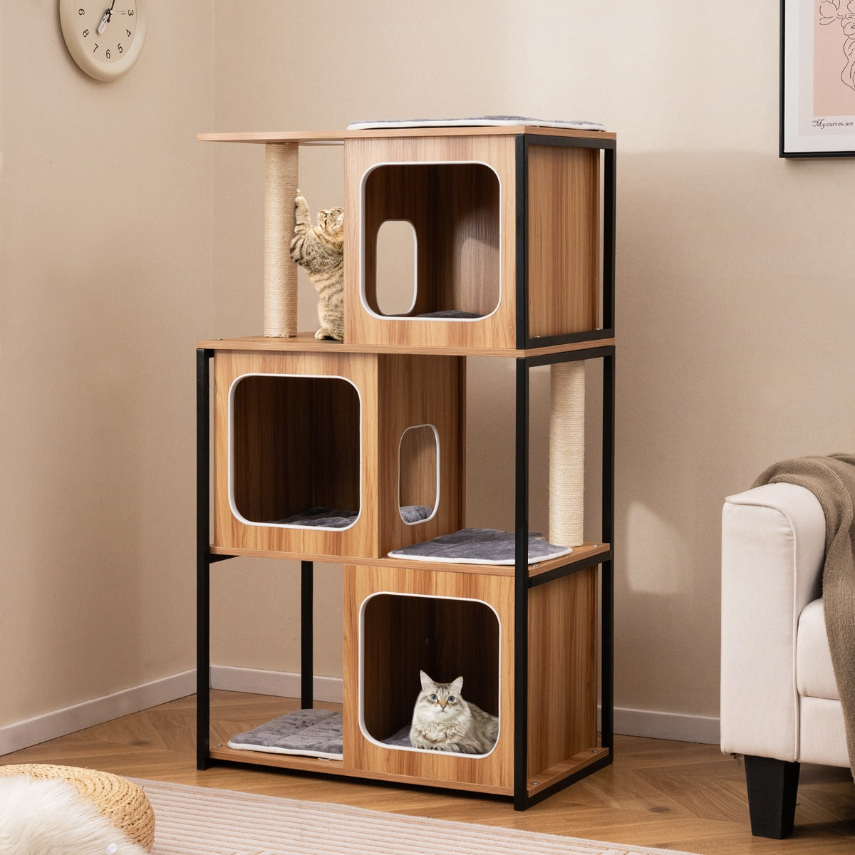 Modern Cat Tree with Metal Frame and Padded Top Perch for Indoor Kittens-Natural