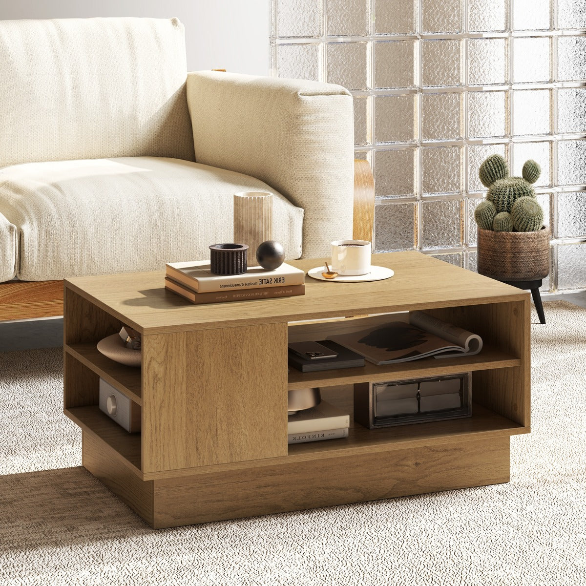 Modern Rectangle Coffee Table with 2-Tier Open Storage Shelves-White