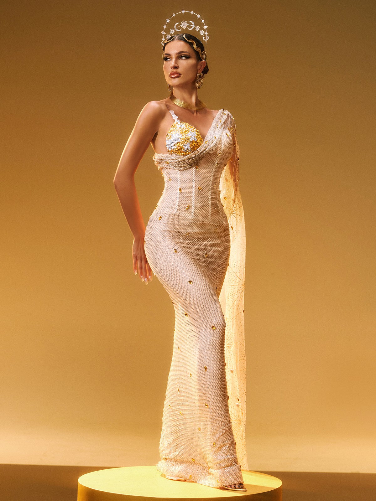 Nebulae One Shoulder Rhinestone Maxi Dress