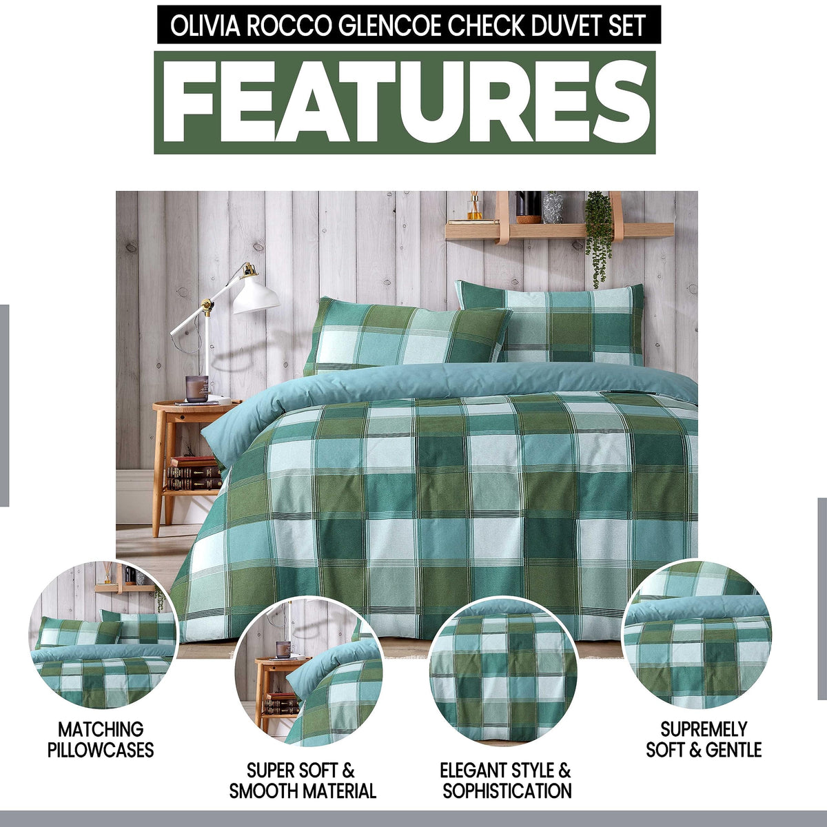 OLIVIA ROCCO Glencoe Check Duvet Cover Set Reversible Polycotton With Pillowcases