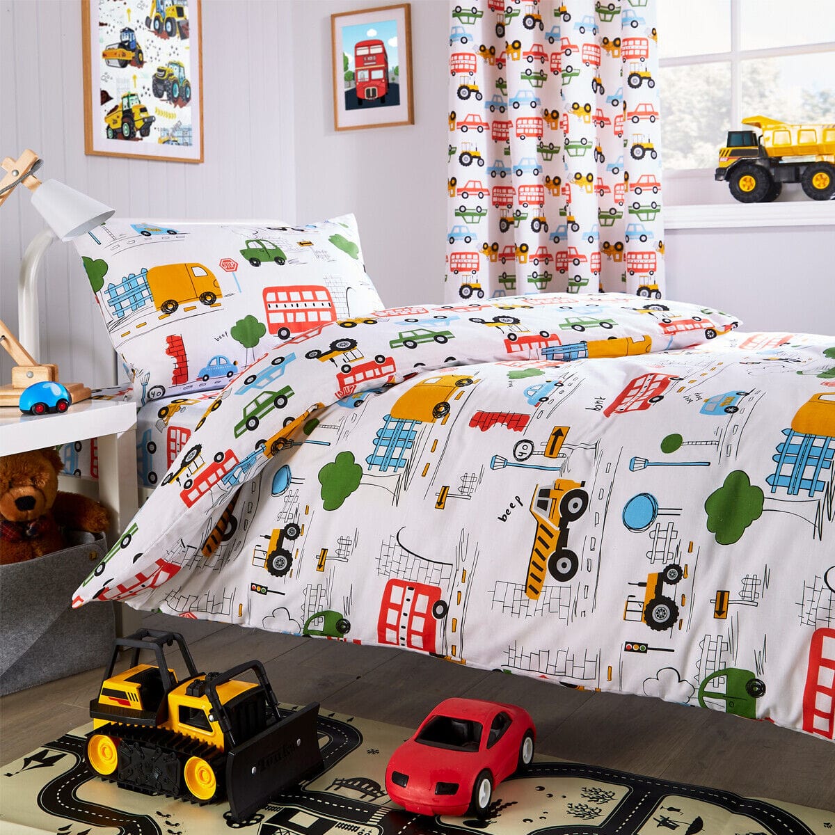 Kids Beep Beep Digger Trucks Duvet Cover Set | 52% Cotton 48% Polyester | OEKO-TEX | Cot & Single | With Pillowcase