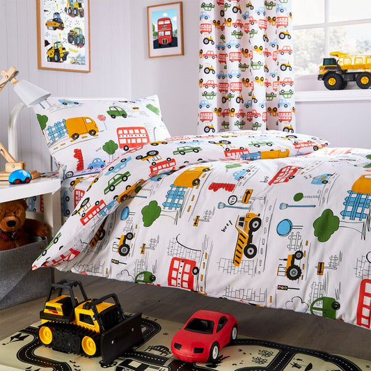 Kids Beep Beep Digger Trucks Duvet Cover Set | 52% Cotton 48% Polyester | OEKO-TEX | Cot & Single | With Pillowcase