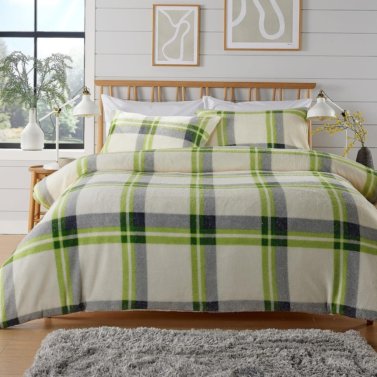 OLIVIA ROCCO Orkney Check Fleece Duvet Set Grey Green Easy Care Wrinkle Resistant