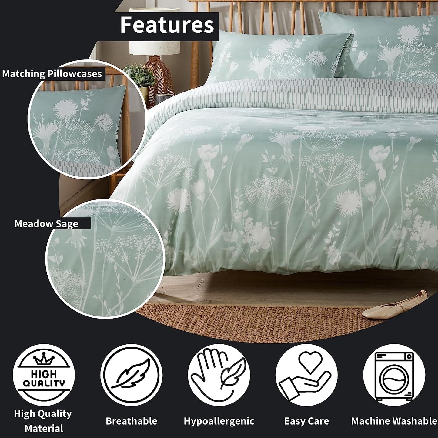 OLIVIA ROCCO Duvet Cover Set | Meadow Sage Green | Reversible Quilted | Easy Care