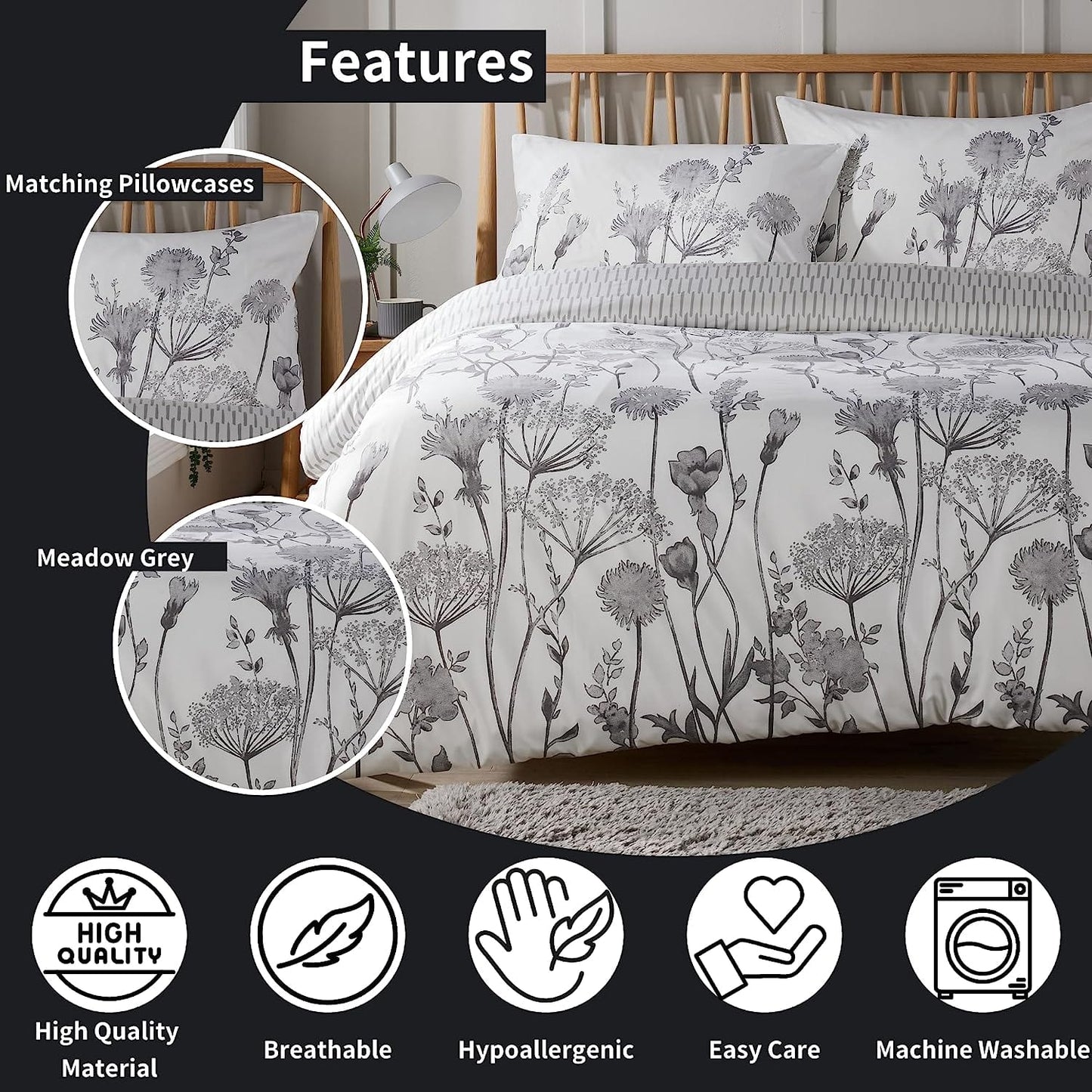OLIVIA ROCCO Meadow Grey Reversible Duvet Cover Set | Breathable Microfibre | Hotel-Style Bedding