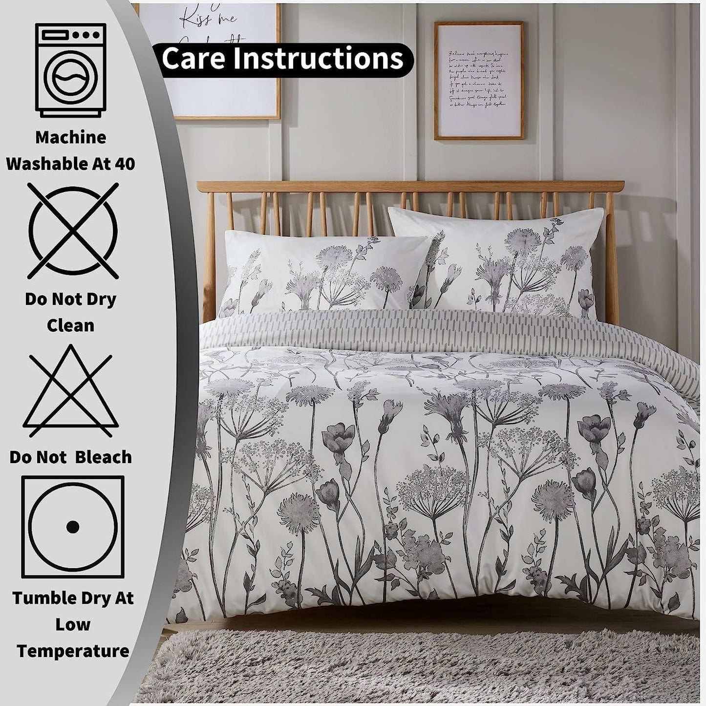 OLIVIA ROCCO Meadow Grey Reversible Duvet Cover Set | Breathable Microfibre | Hotel-Style Bedding