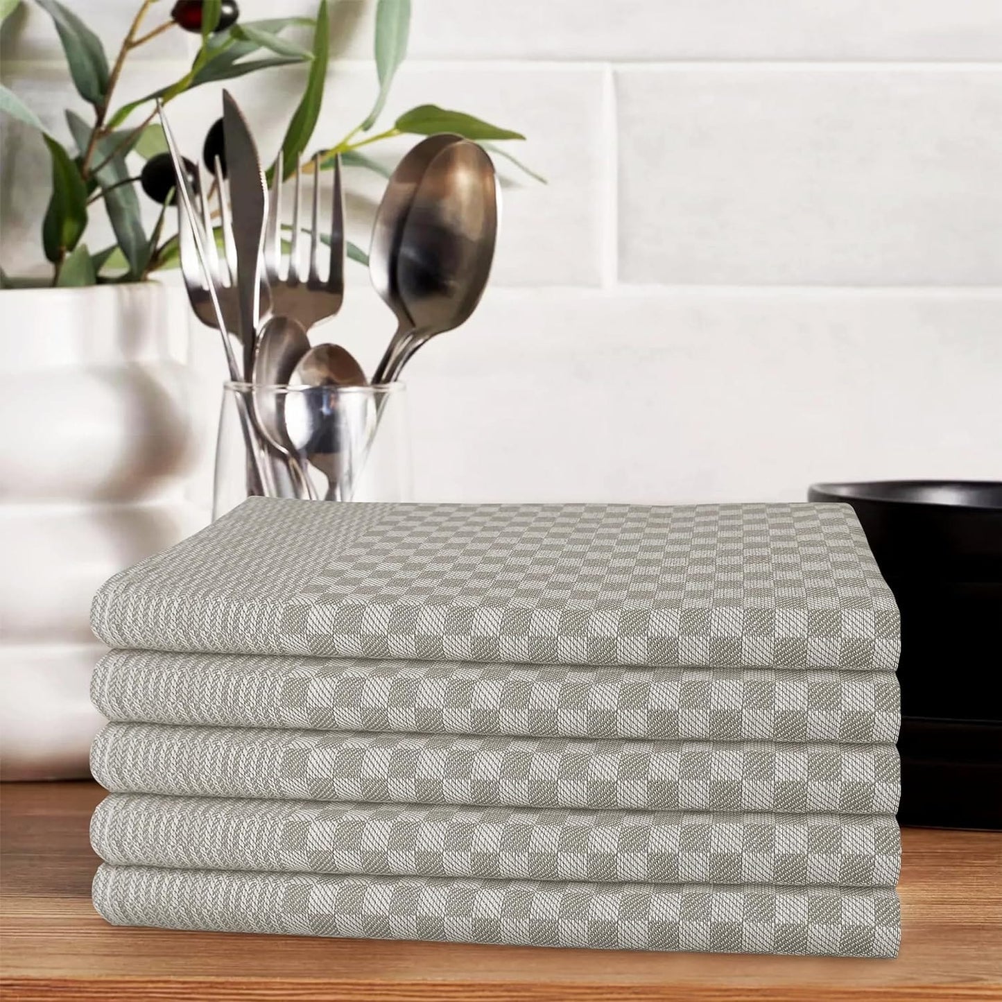 Pack of 5 Large 100% Cotton Tea Towels | Quick Dry | Classic Check Pattern | 90 x 50 cm