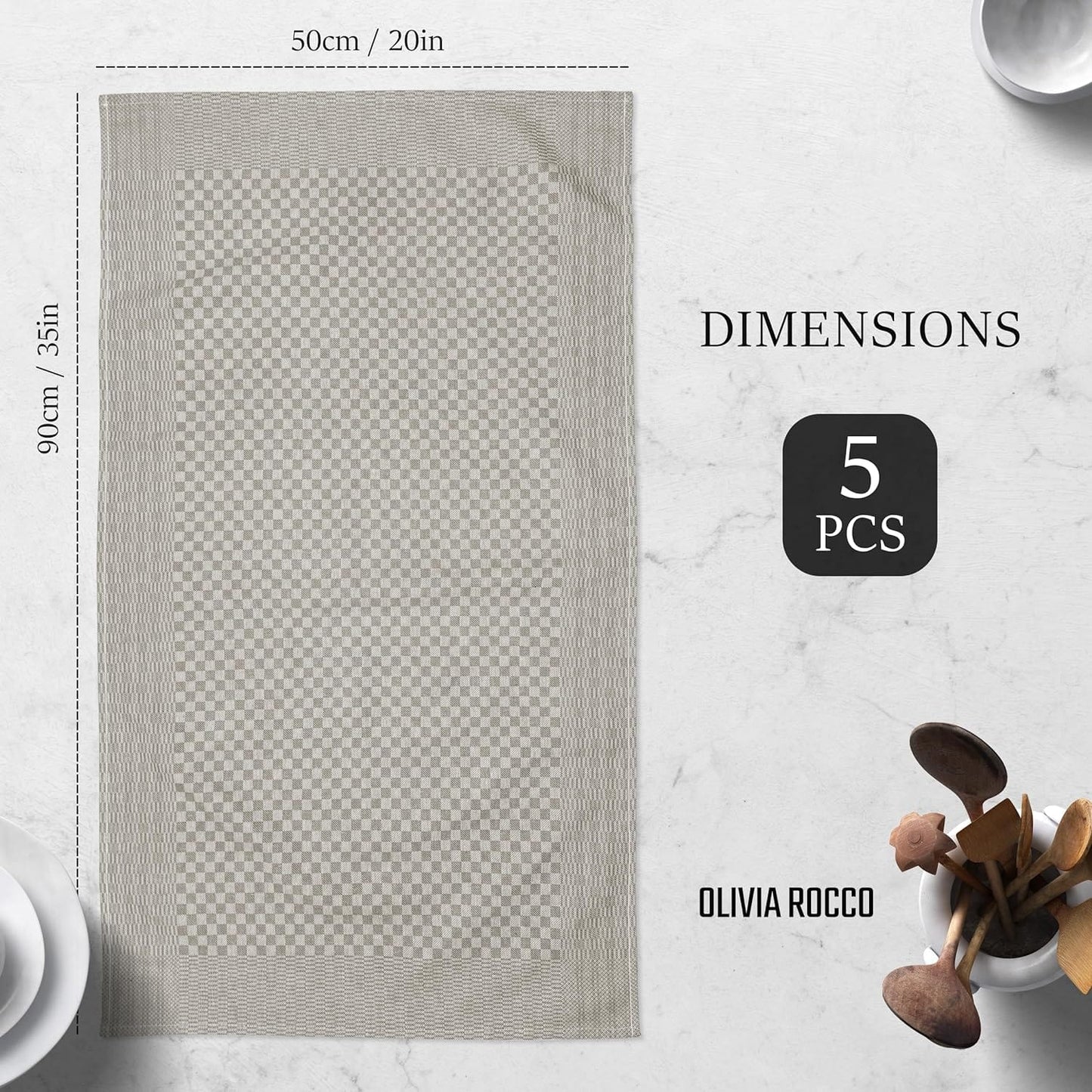Pack of 5 Large 100% Cotton Tea Towels | Quick Dry | Classic Check Pattern | 90 x 50 cm