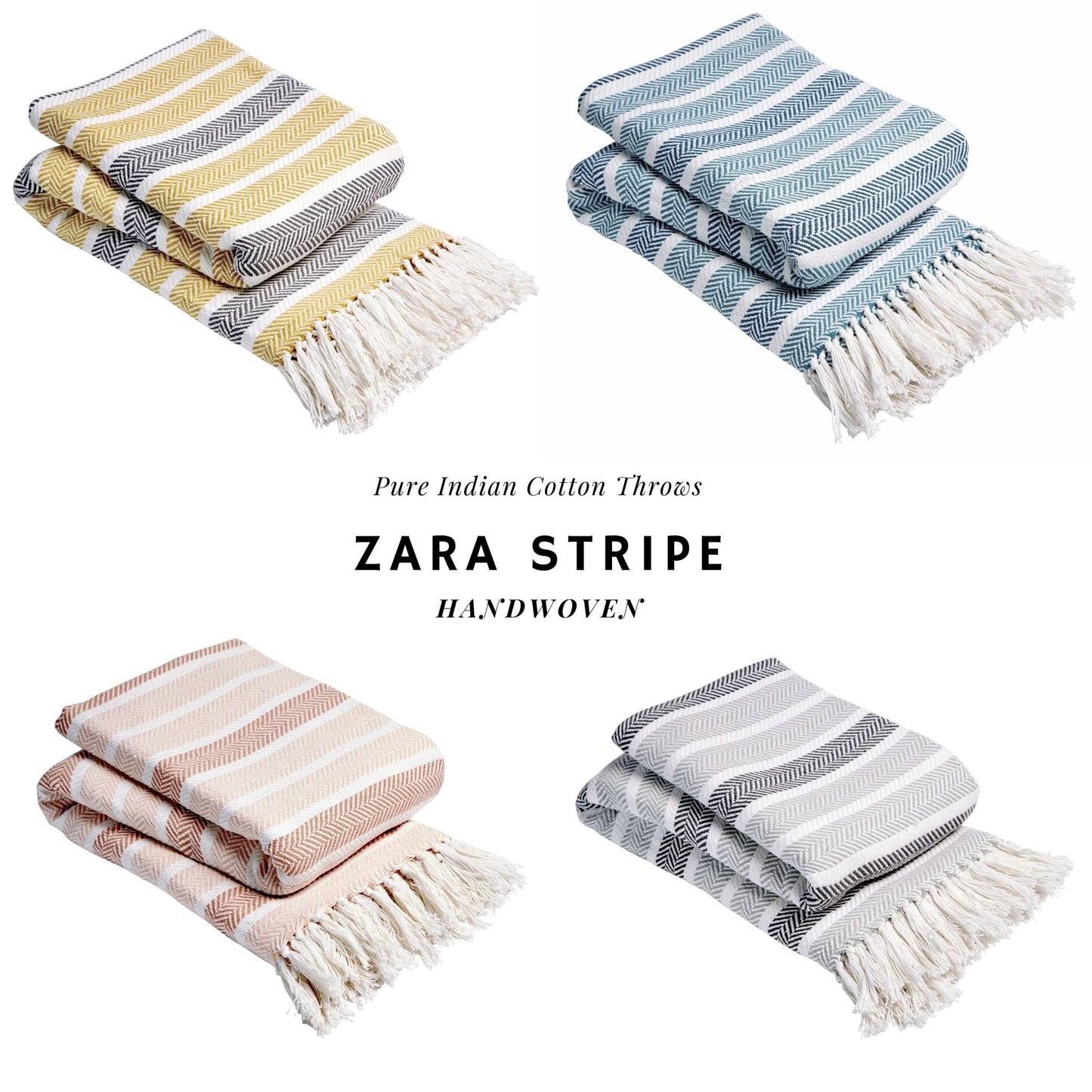 Striped Handwoven Pure Cotton Throw Blanket with Tassels | Eco-Friendly | 3 Sizes | 4 Colours