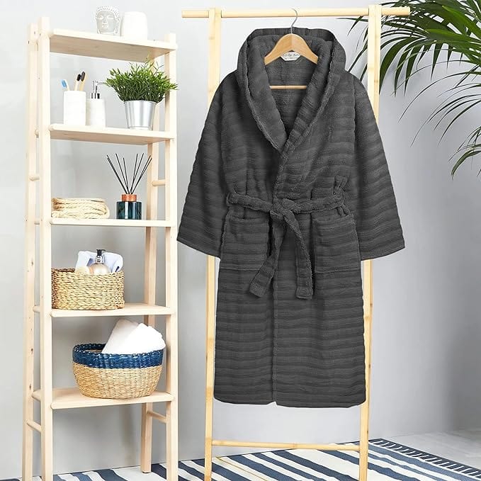 Hydro Ribbed Hooded Bath Robe | 100% Cotton | Unisex | With Pockets & Belt | S-M & L-XL | 4 Colours