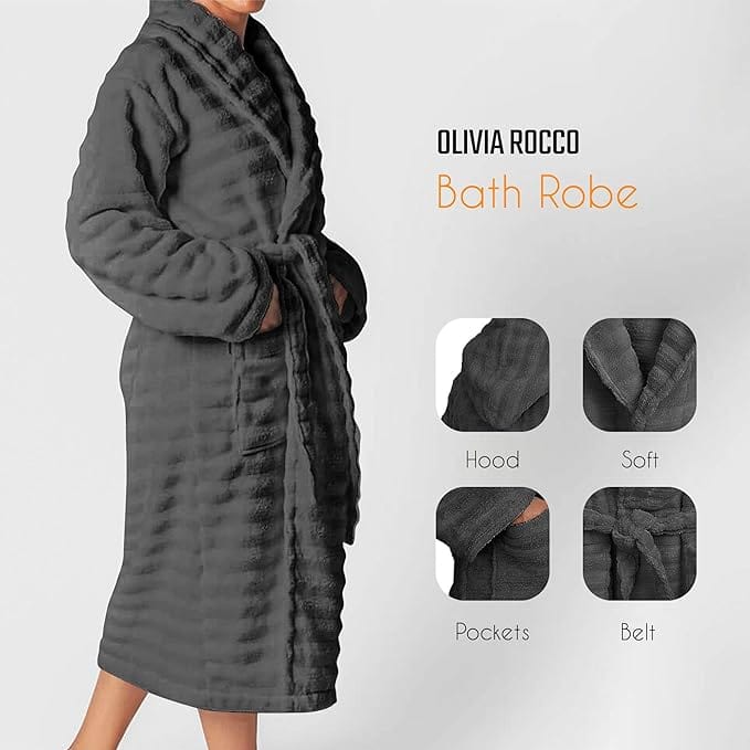 Hydro Ribbed Hooded Bath Robe | 100% Cotton | Unisex | With Pockets & Belt | S-M & L-XL | 4 Colours