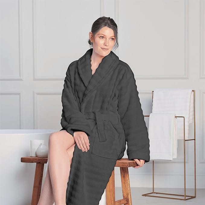 Hydro Ribbed Hooded Bath Robe | 100% Cotton | Unisex | With Pockets & Belt | S-M & L-XL | 4 Colours
