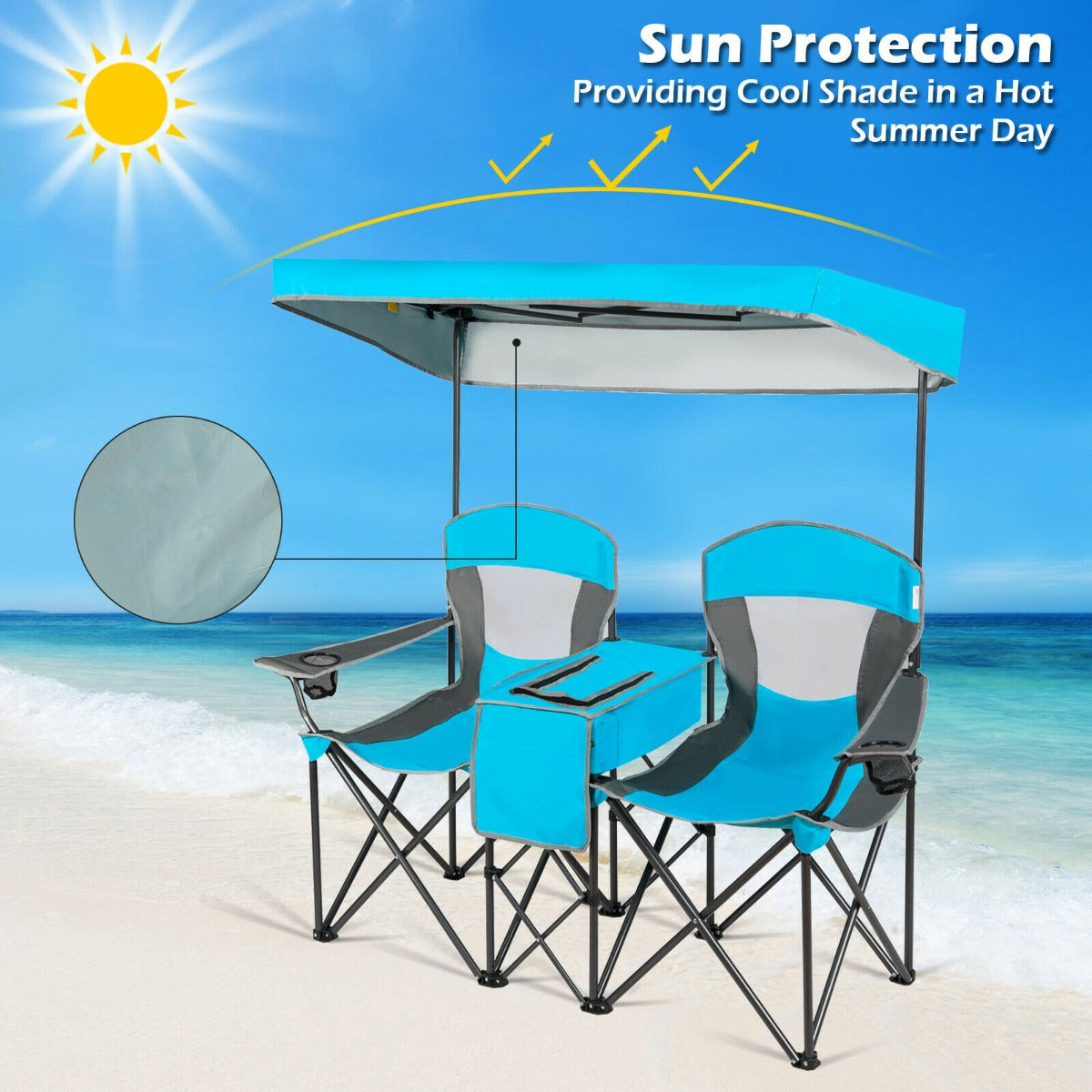 Double Folding Camping Chair with Canopy and Armrests-Blue