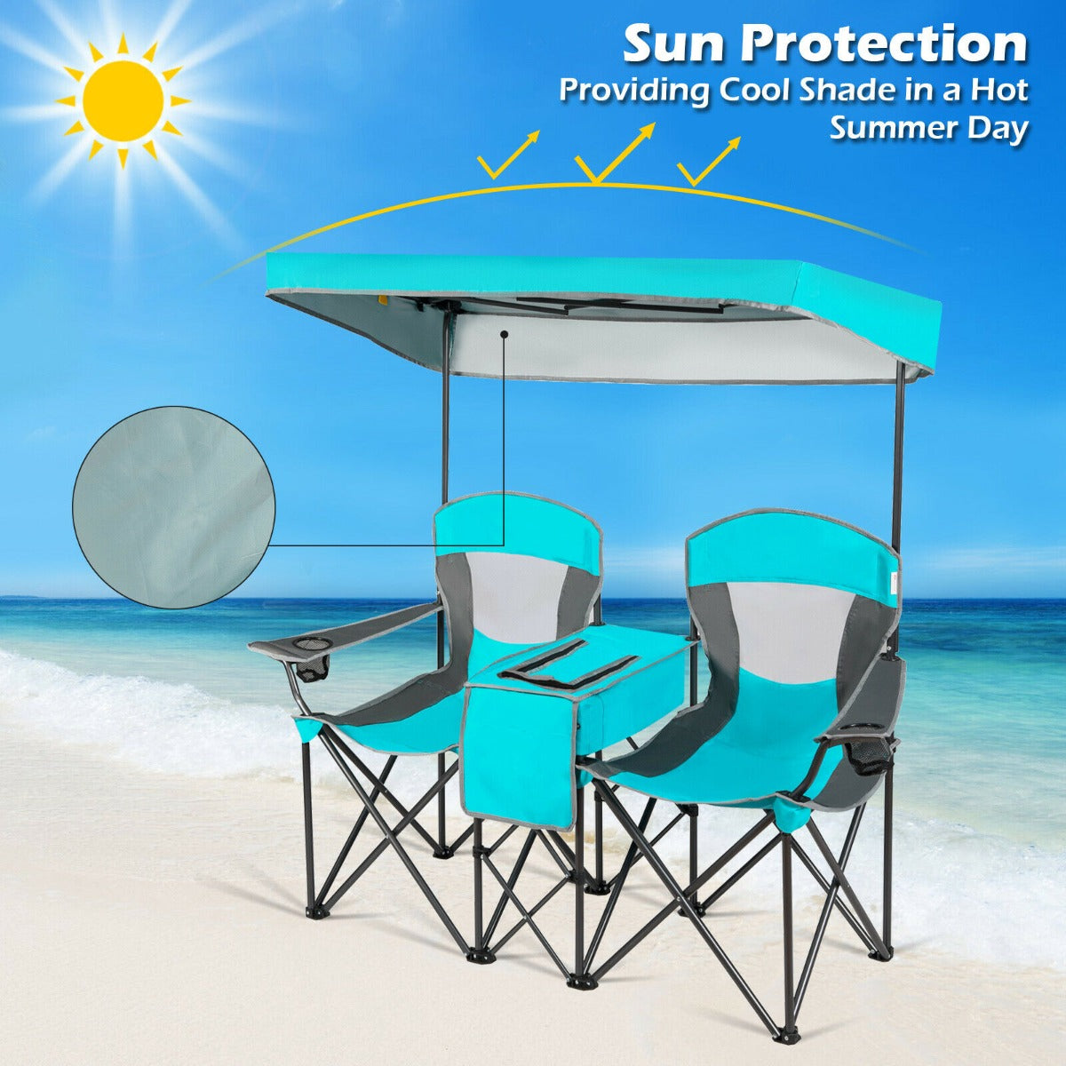 Double Folding Camping Chair with Canopy and Armrests-Blue