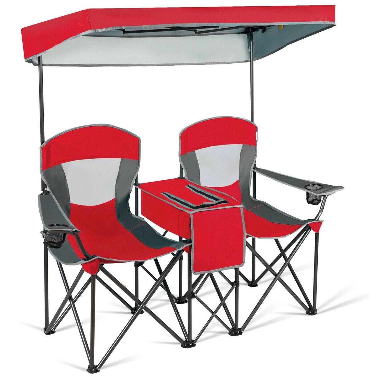 Double Folding Camping Chair with Canopy and Armrests-Blue