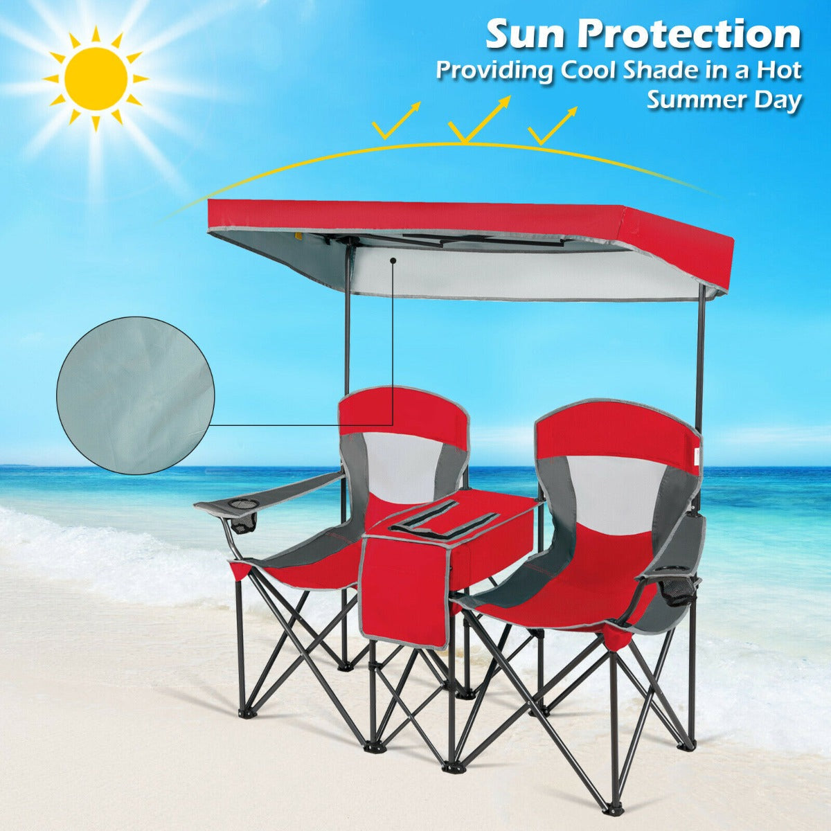 Double Folding Camping Chair with Canopy and Armrests-Blue