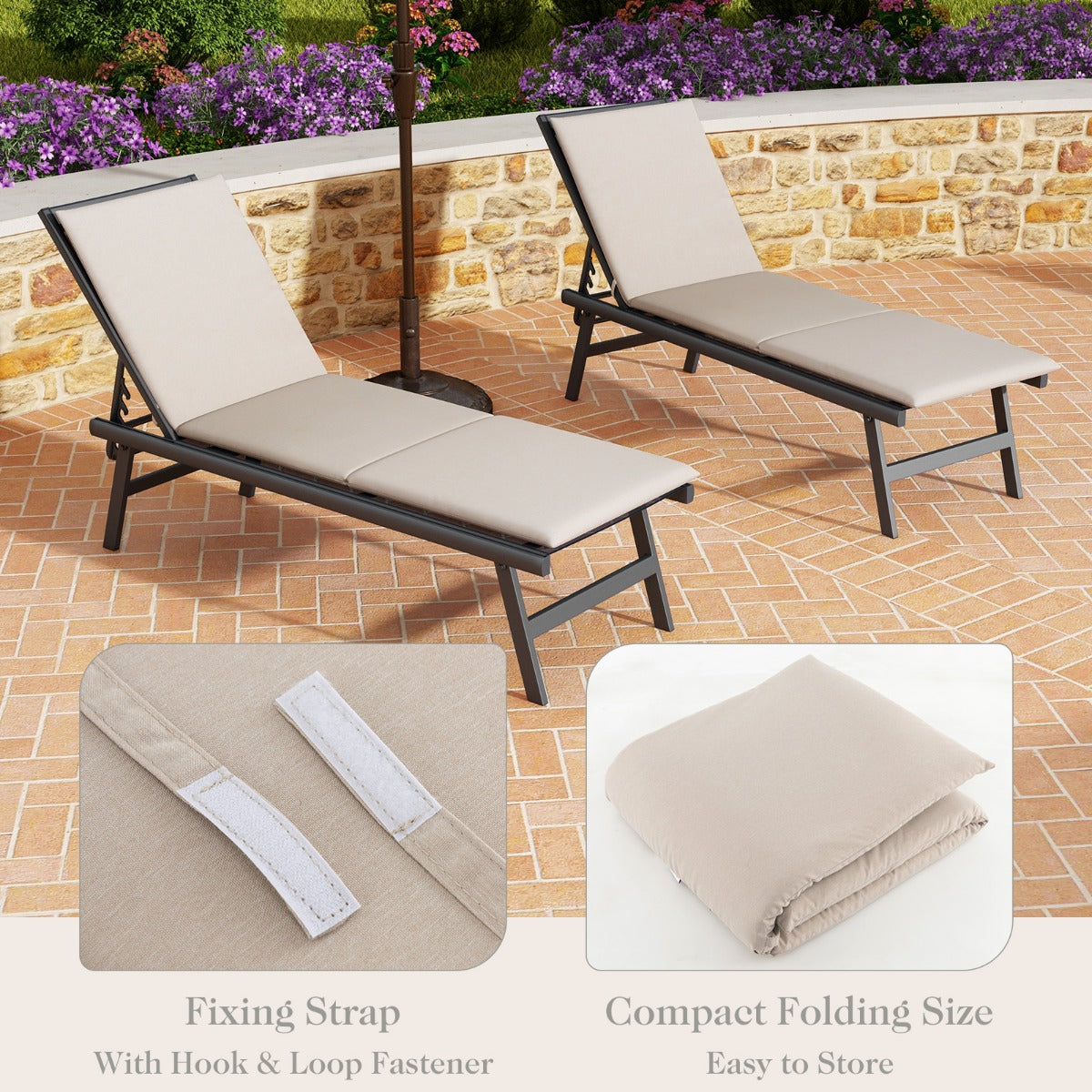 Folding Outdoor Chaise Lounge Cushion Patio Furniture Pad with Straps-Red-1 Piece