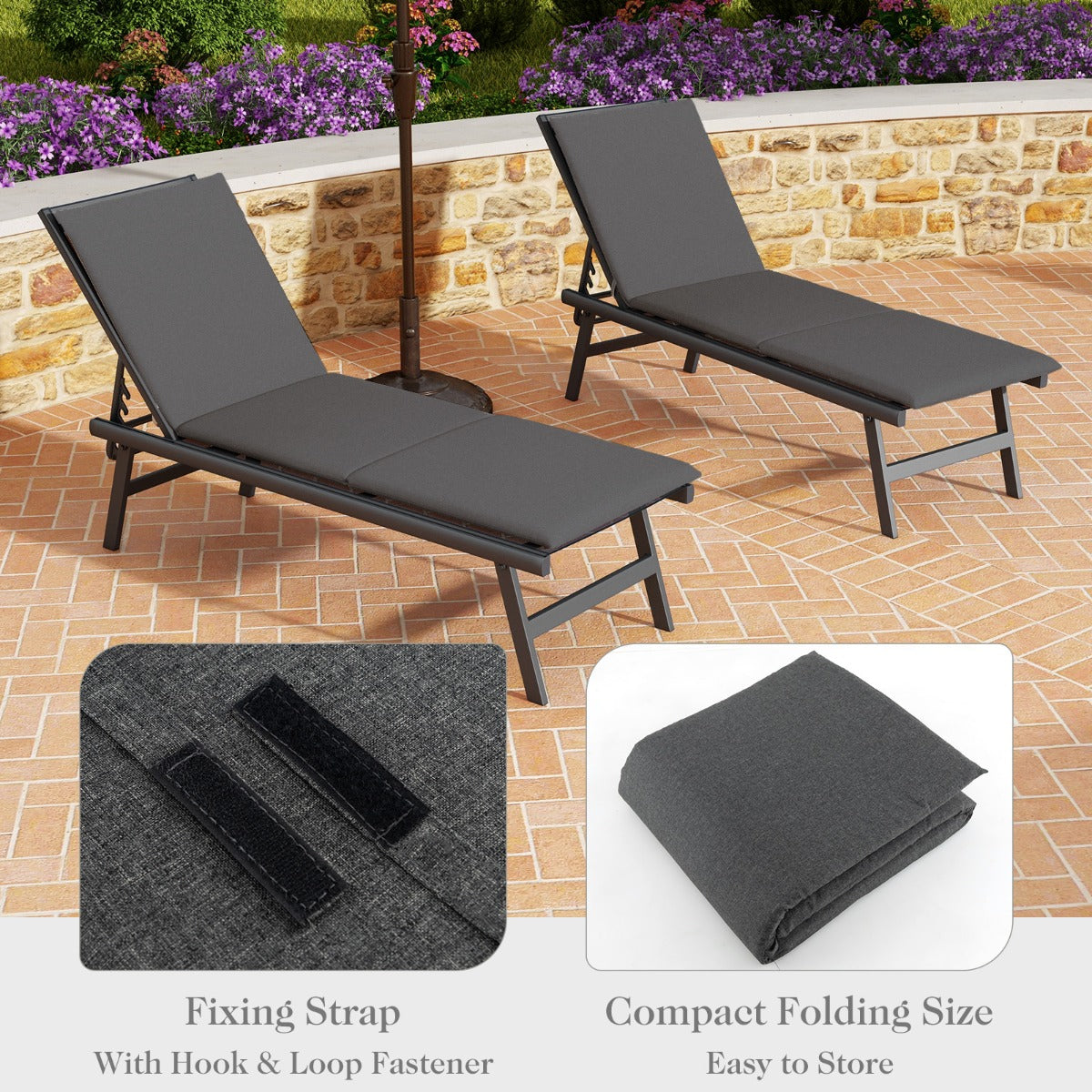 Folding Outdoor Chaise Lounge Cushion Patio Furniture Pad with Straps-Red-1 Piece