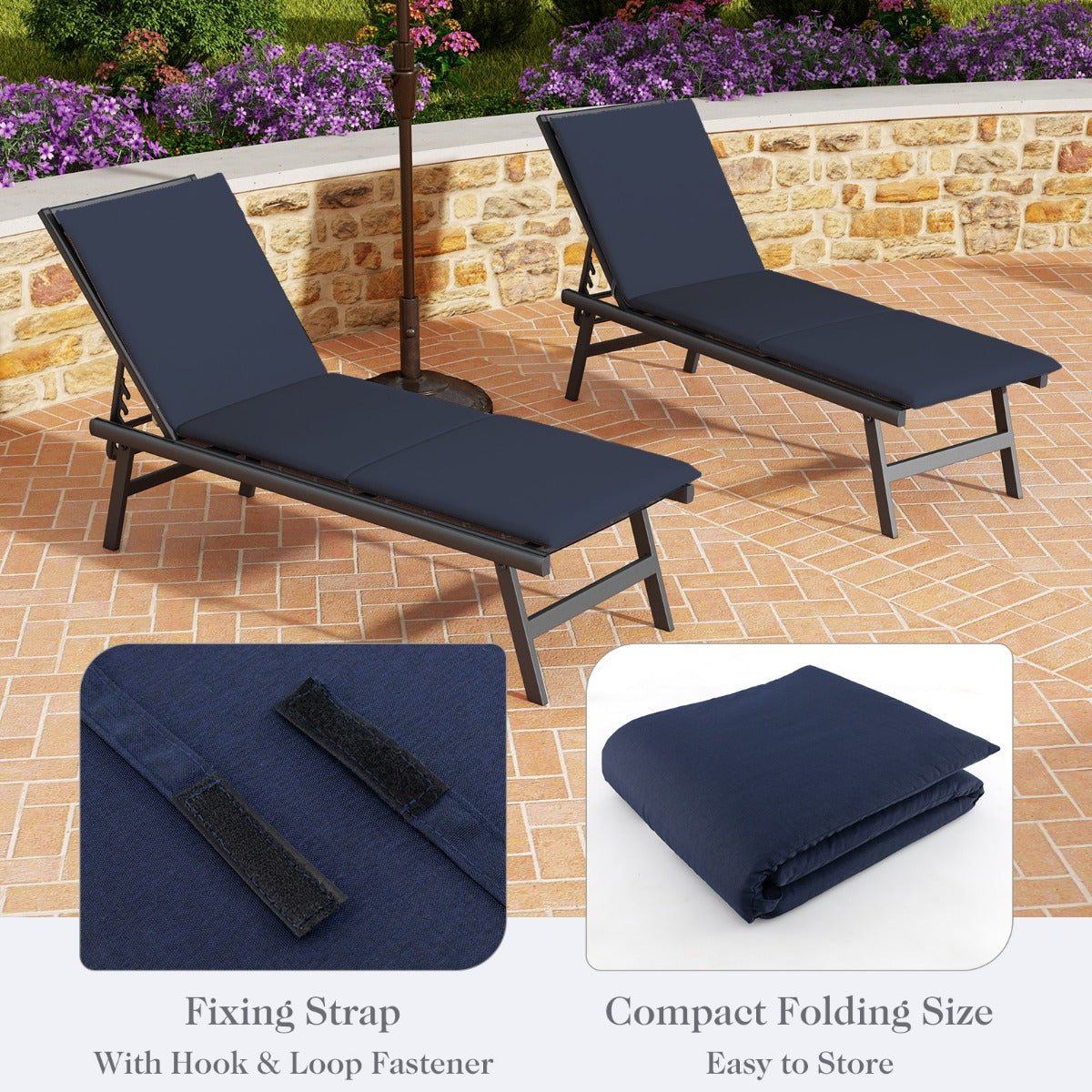 Folding Outdoor Chaise Lounge Cushion Patio Furniture Pad with Straps-Red-1 Piece