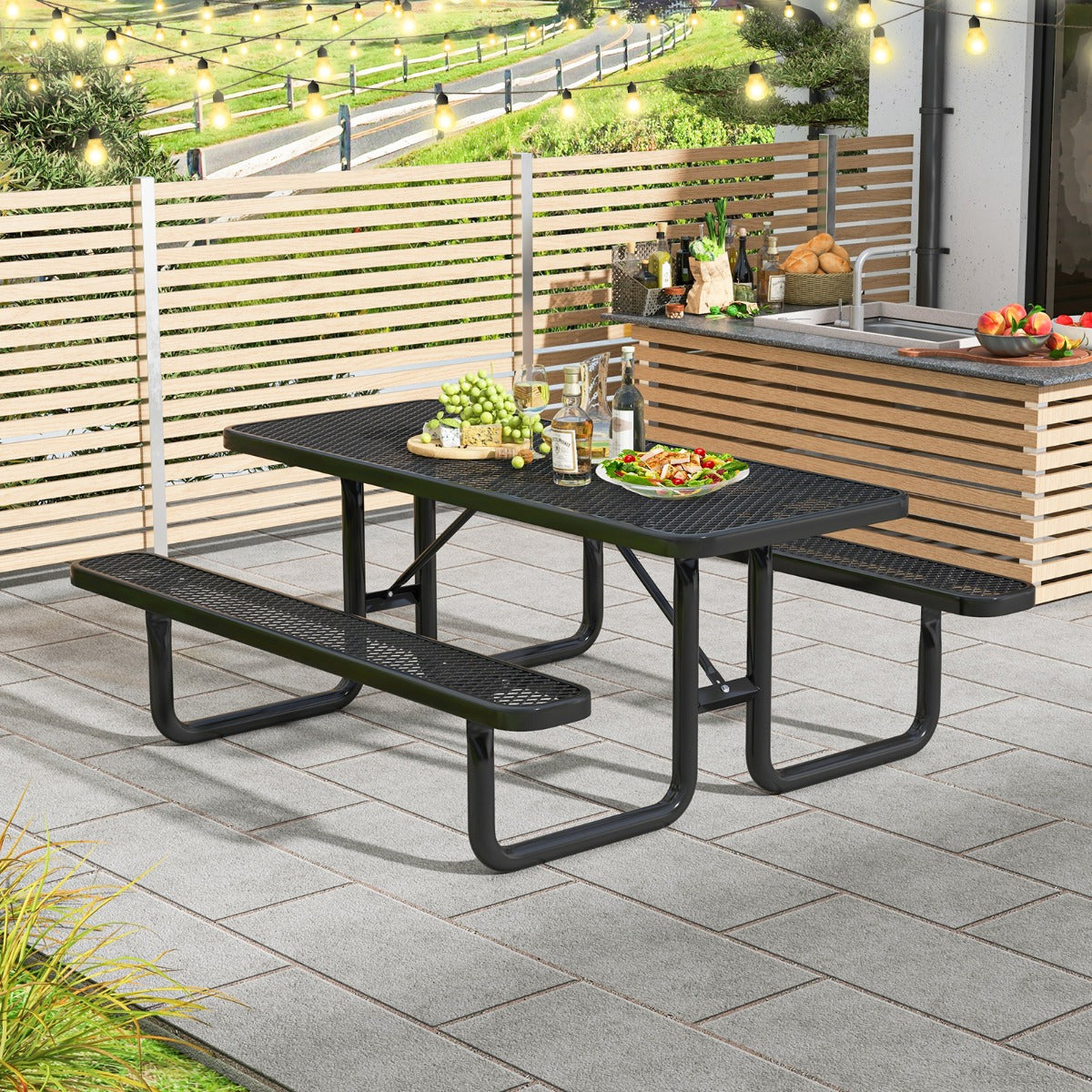 Outdoor Picnic Table & Bench Set for 8 with Seats & Mesh Grid-Black