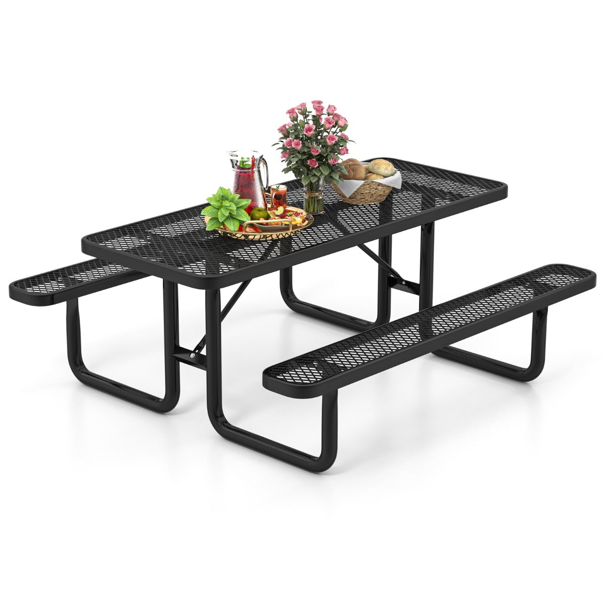 Outdoor Picnic Table & Bench Set for 8 with Seats & Mesh Grid-Black