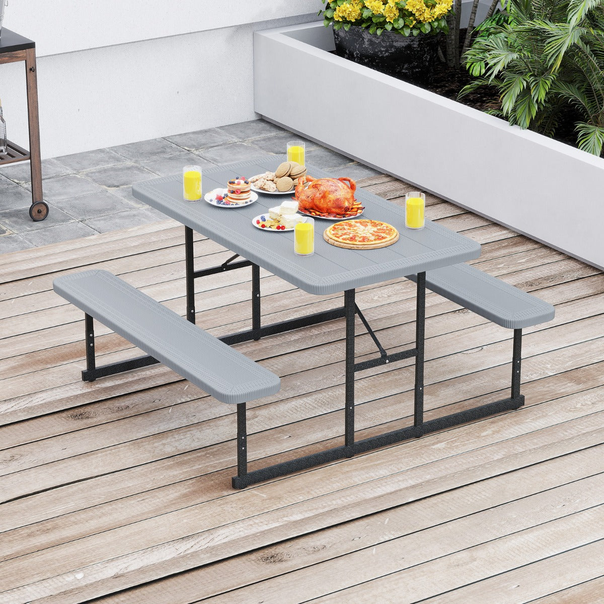 Outdoor Rectangular Camping Dining Table and 2 Benches with Umbrella Hole-Grey