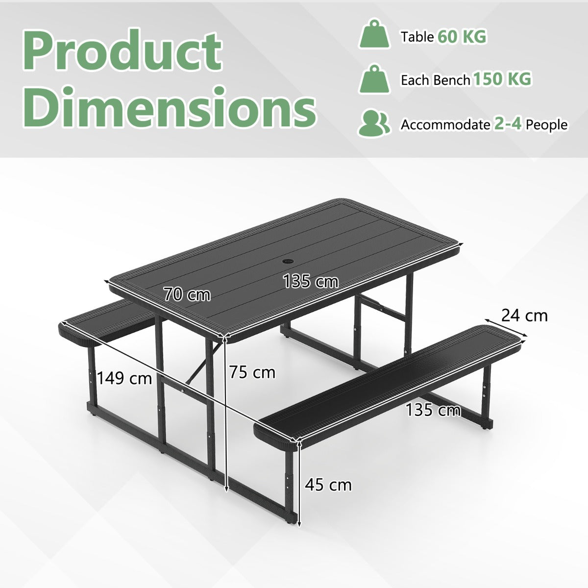 Outdoor Rectangular Camping Dining Table and 2 Benches with Umbrella Hole-Grey