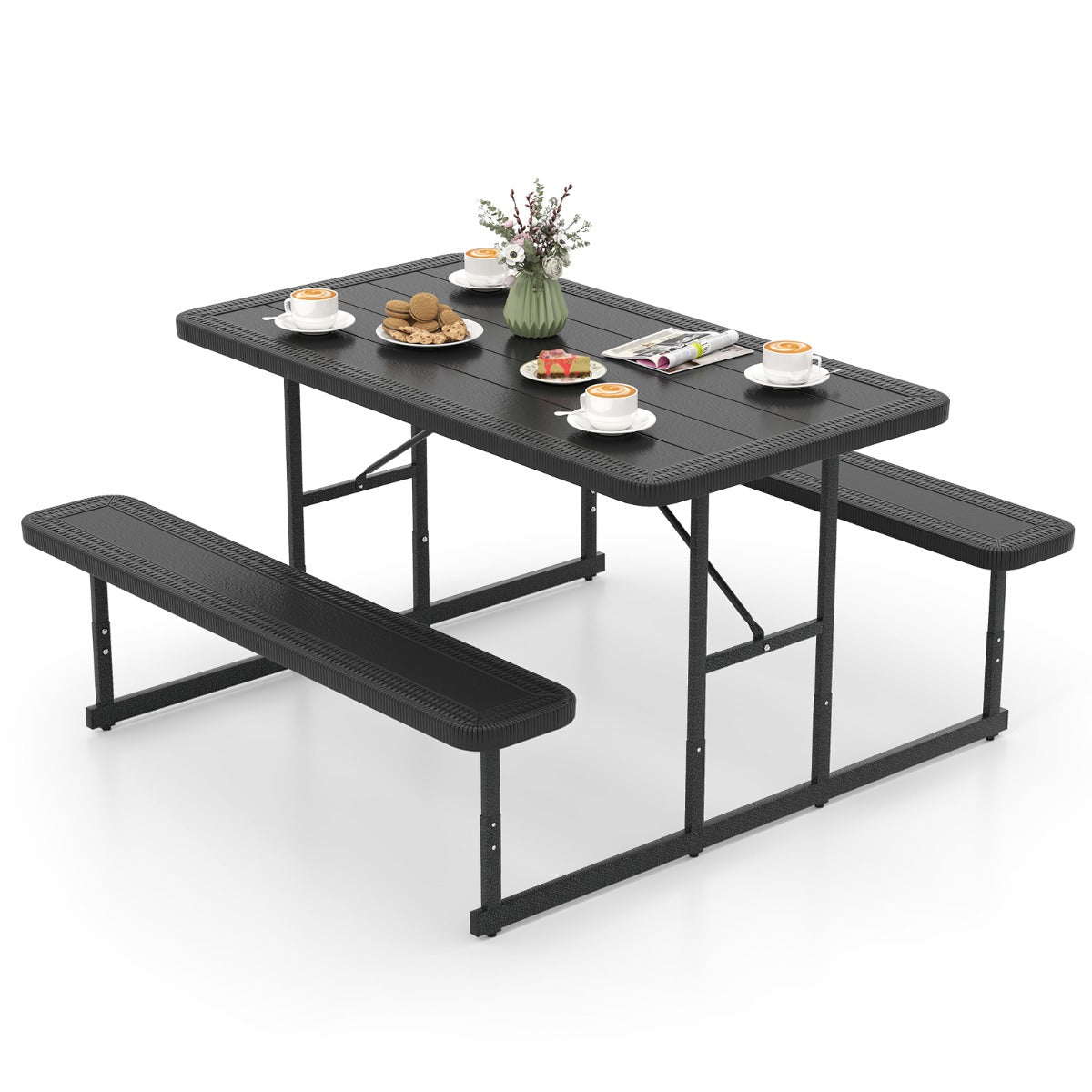 Outdoor Rectangular Camping Dining Table and 2 Benches with Umbrella Hole-Grey