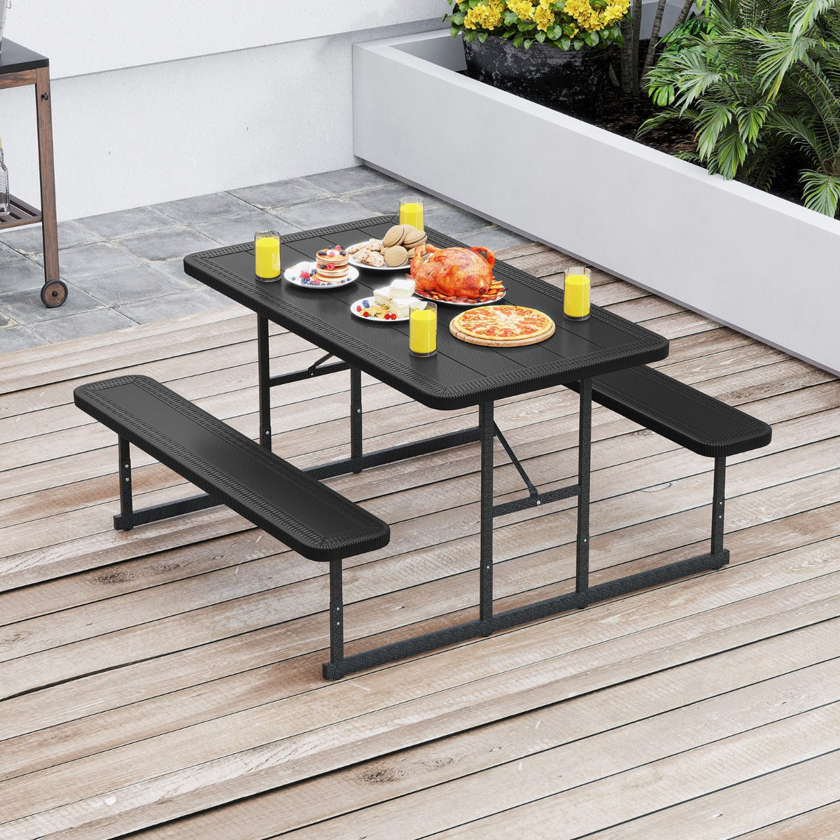 Outdoor Rectangular Camping Dining Table and 2 Benches with Umbrella Hole-Grey