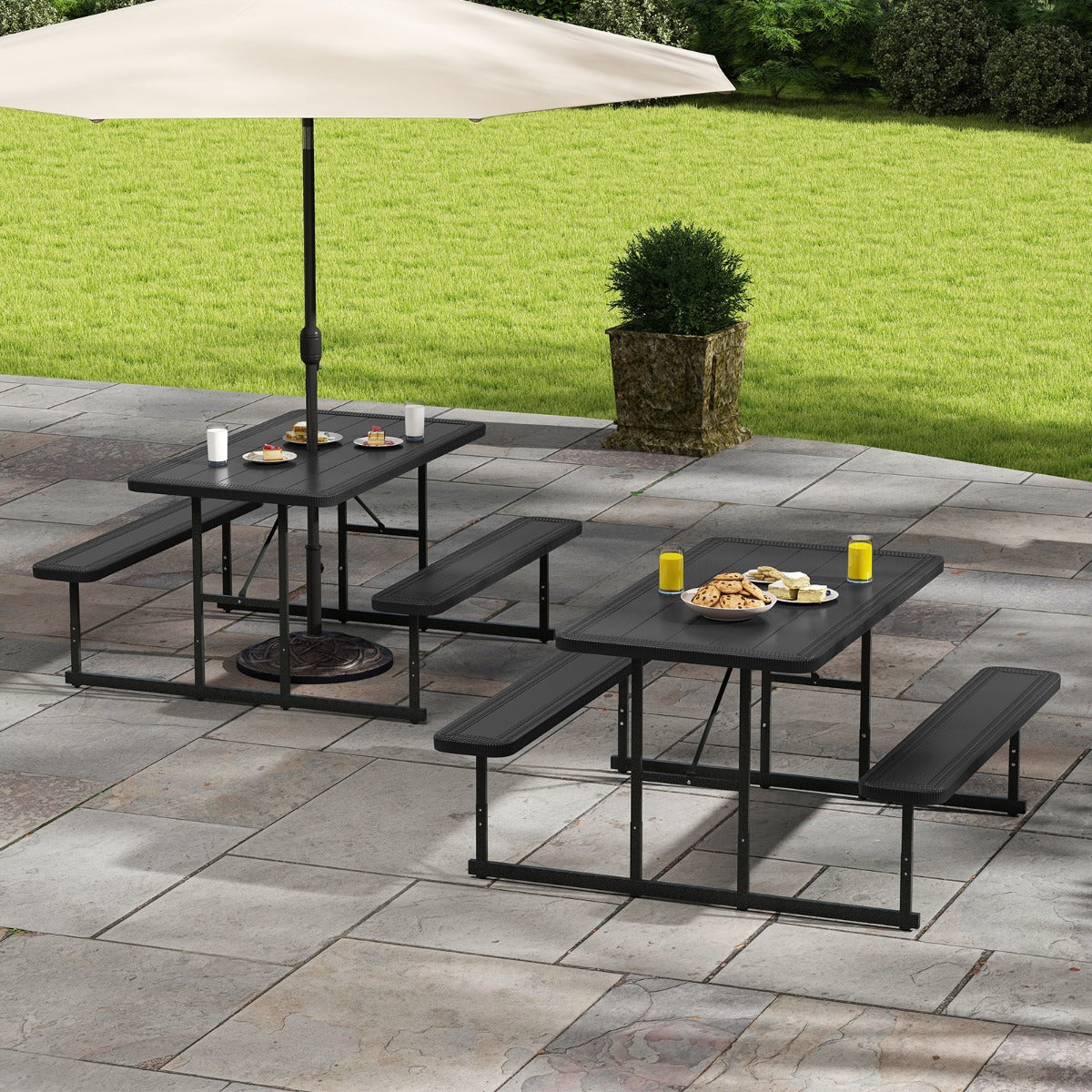 Outdoor Rectangular Camping Dining Table and 2 Benches with Umbrella Hole-Grey