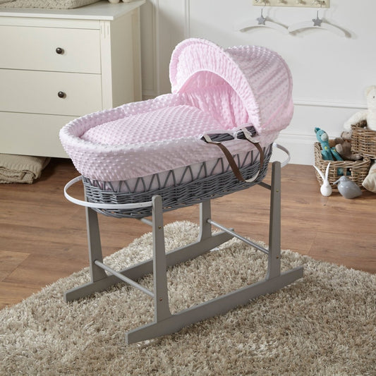 Pink Dimple Grey Wicker Baby Moses Basket with Stand - Complete Bedding Set