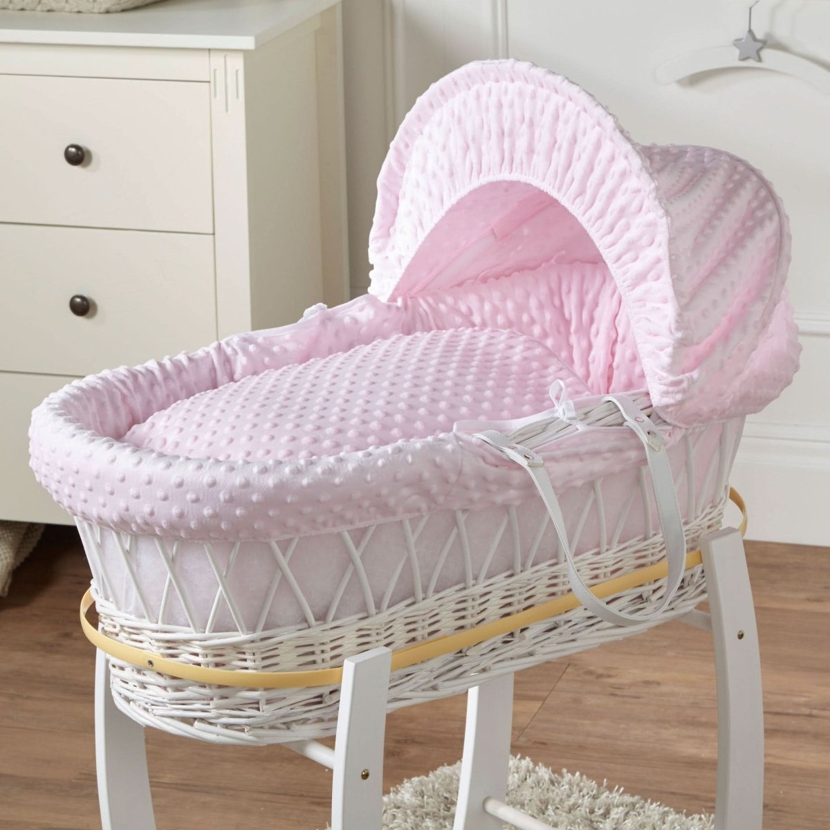 White Wicker Baby Moses Basket with Stand – Pink Dimple Bedding Set, Newborn to 6 Months