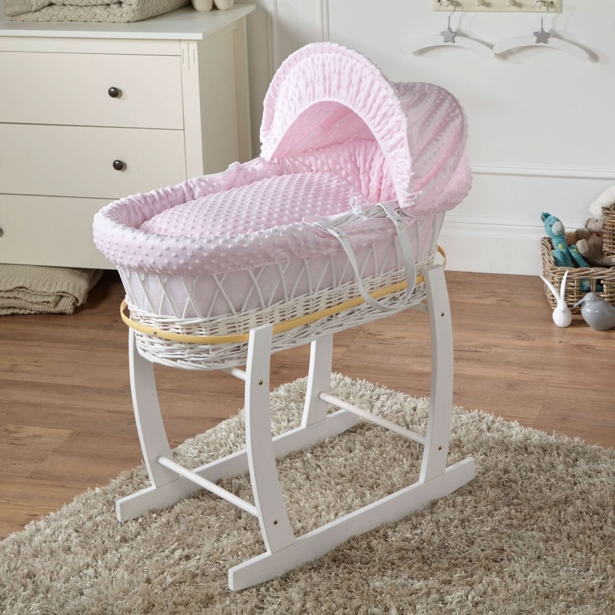 White Wicker Baby Moses Basket with Stand – Pink Dimple Bedding Set, Newborn to 6 Months