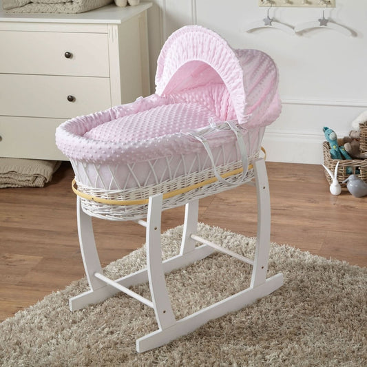 White Wicker Baby Moses Basket with Stand – Pink Dimple Bedding Set, Newborn to 6 Months