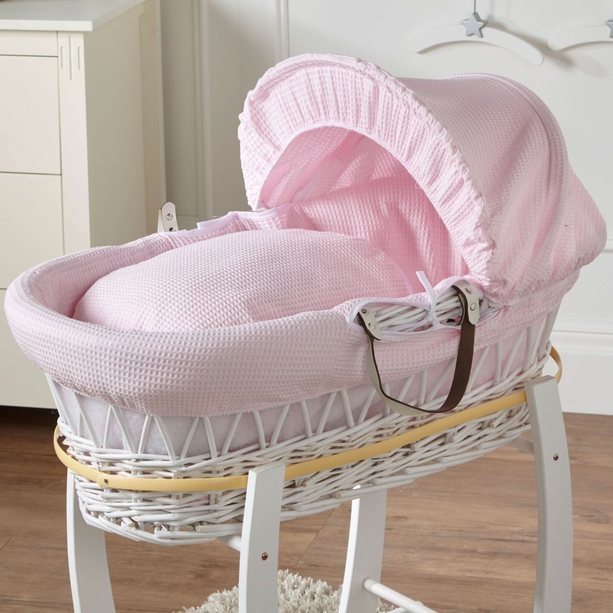 Pink Waffle Baby Moses Basket with White Wicker & Wooden Stand – Complete Set