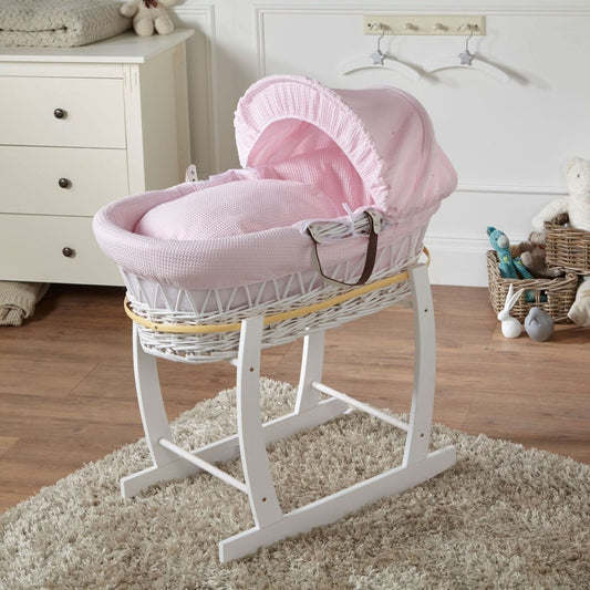 Pink Waffle Baby Moses Basket with White Wicker & Wooden Stand – Complete Set